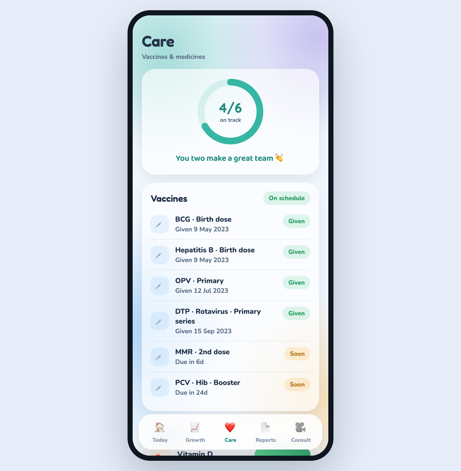 PediGrow iOS Care screen showing vaccine progress and status chips.