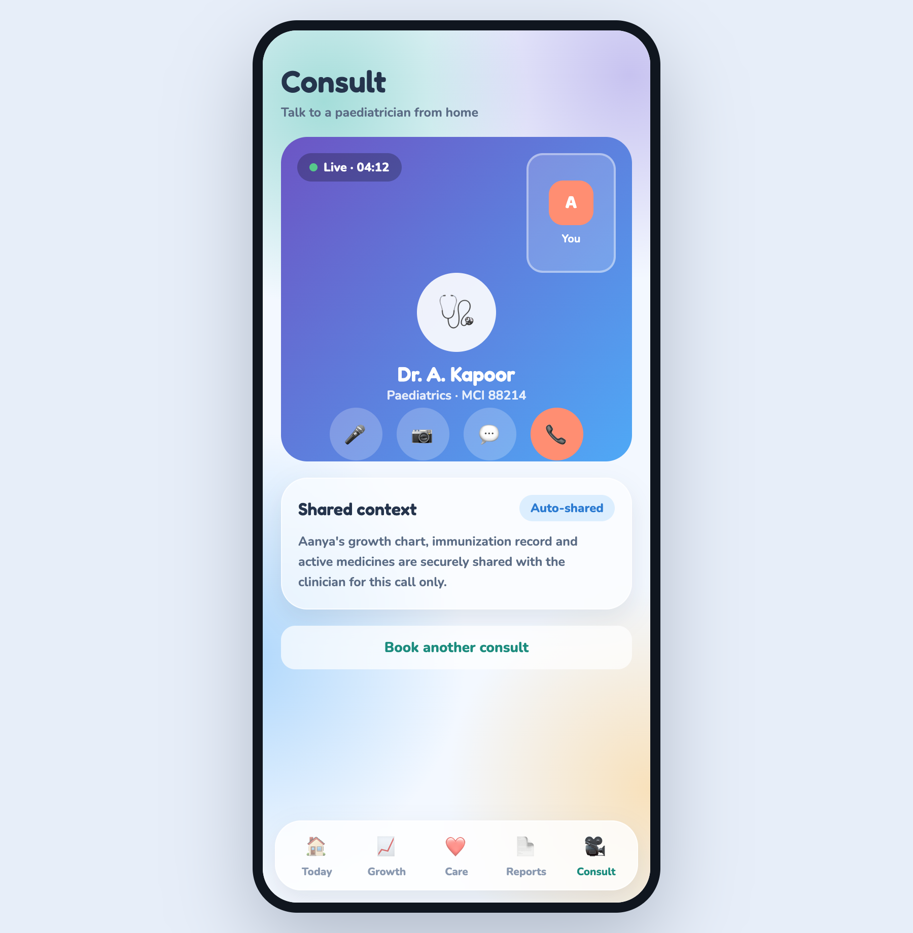 PediGrow Consult screen: a live video visit with Dr. A. Kapoor and an 'Auto-shared' panel confirming the child's context is shared for this call only.